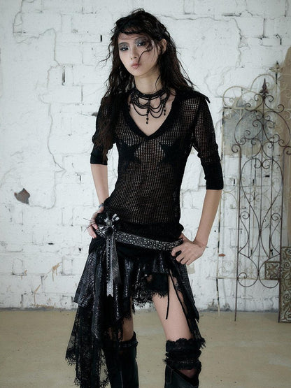 NO ROMANCE Star Cutout Punk Slim V-neck Convertible Women&