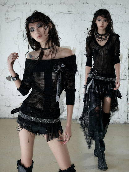 NO ROMANCE Star Cutout Punk Slim V-neck Convertible Women&