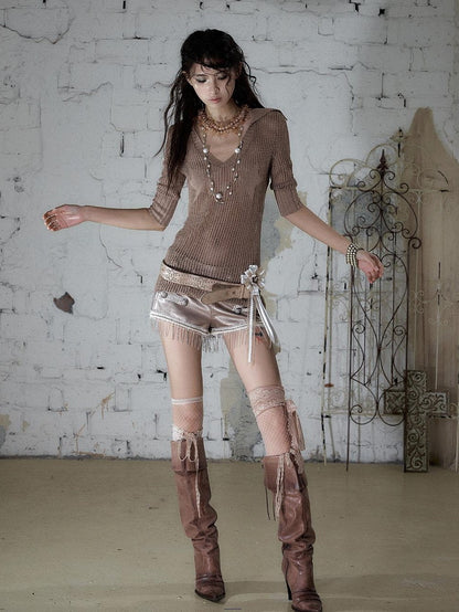 NO ROMANCE Star Cutout Punk Slim V-neck Convertible Women&