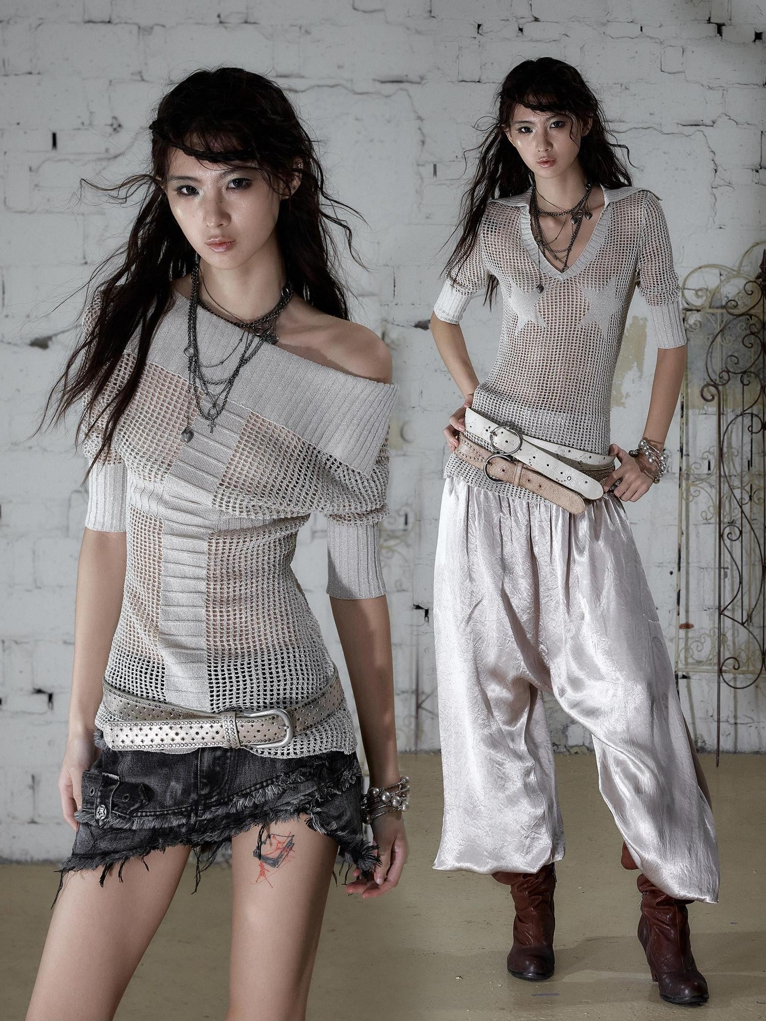NO ROMANCE Star Cutout Punk Slim V-neck Convertible Women&
