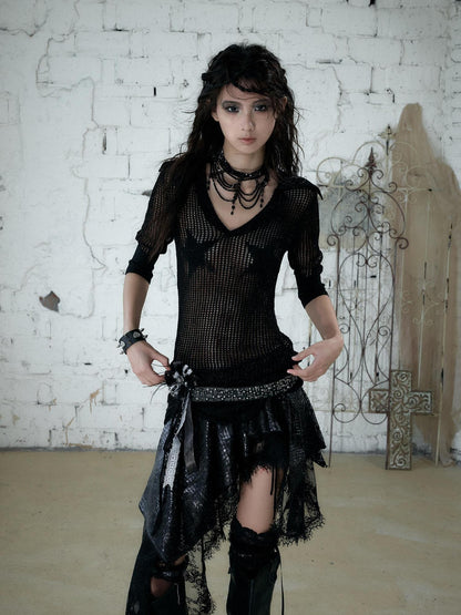 NO ROMANCE Star Cutout Punk Slim V-neck Convertible Women&