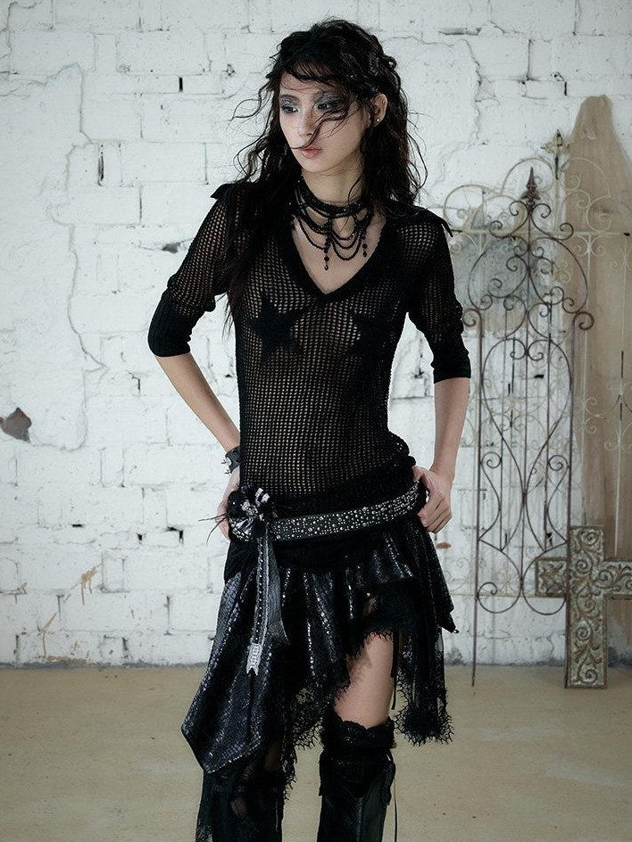 NO ROMANCE Star Cutout Punk Slim V-neck Convertible Women&