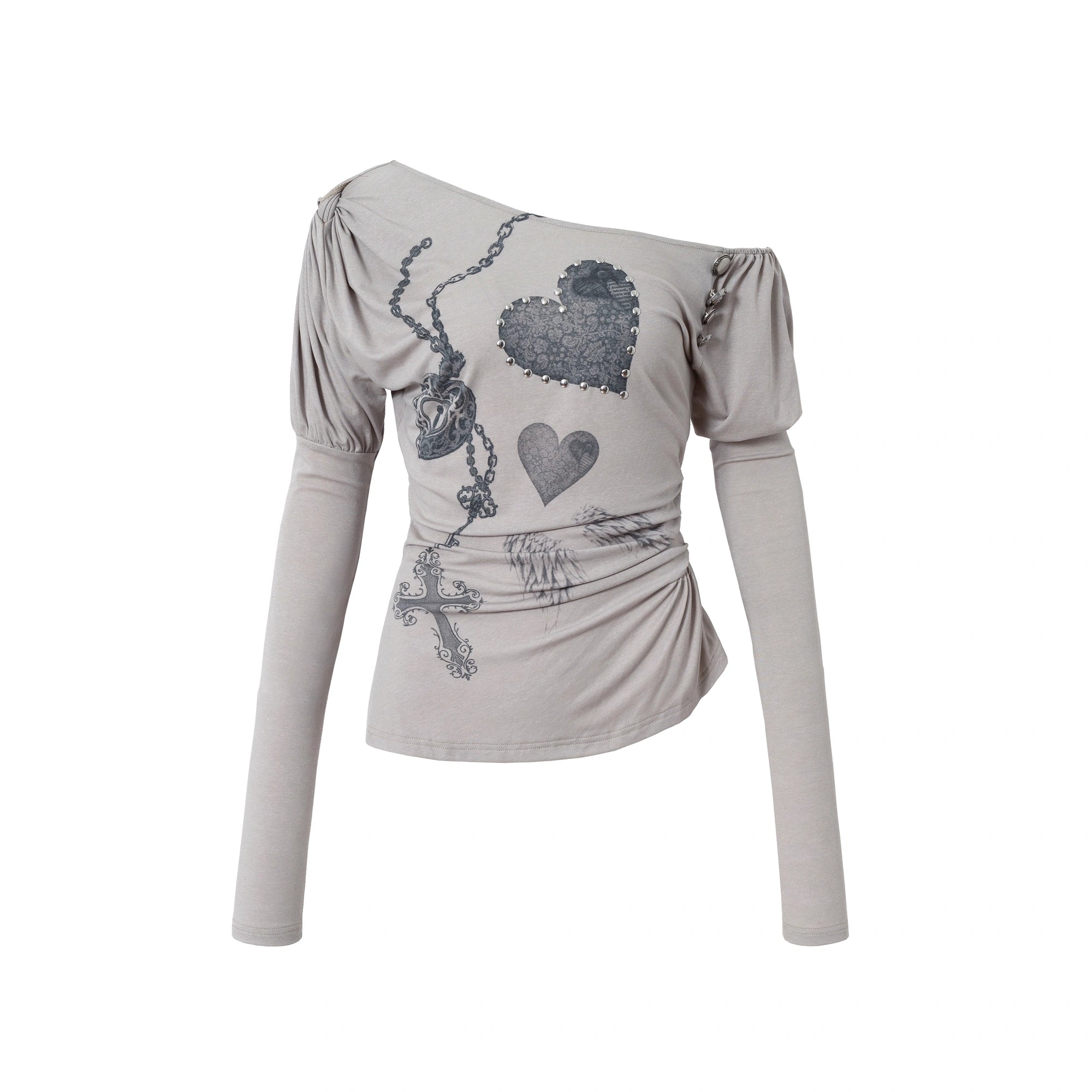 NO_ROMANCE_Stretchy_Knit_Asymmetric_Neck_Slim_Long_Sleeve_Women_Cross_Heart_Graphic_T-Shirt_MISSTT