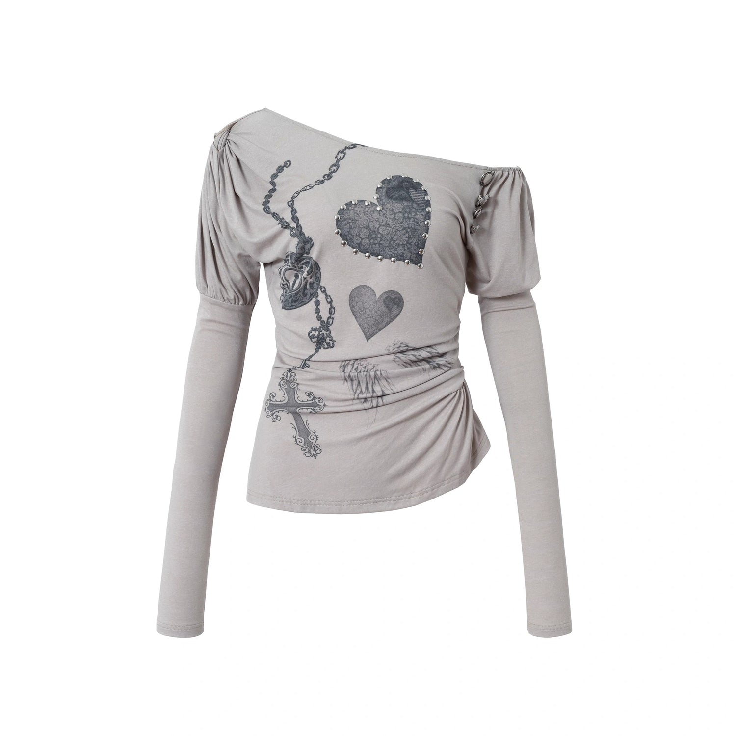 NO_ROMANCE_Stretchy_Knit_Asymmetric_Neck_Slim_Long_Sleeve_Women_Cross_Heart_Graphic_T-Shirt_MISSTT