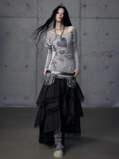 NO ROMANCE Stretchy Knit Asymmetric Neck Slim Long Sleeve Women Cross Heart Graphic T-Shirt