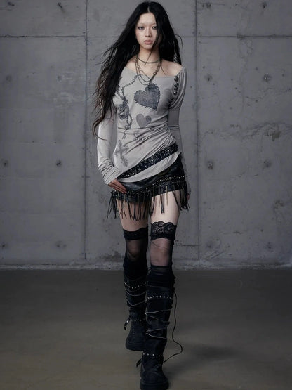 NO ROMANCE Stretchy Knit Asymmetric Neck Slim Long Sleeve Women Cross Heart Graphic T-Shirt