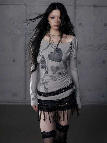 NO ROMANCE Stretchy Knit Asymmetric Neck Slim Long Sleeve Women Cross Heart Graphic T-Shirt