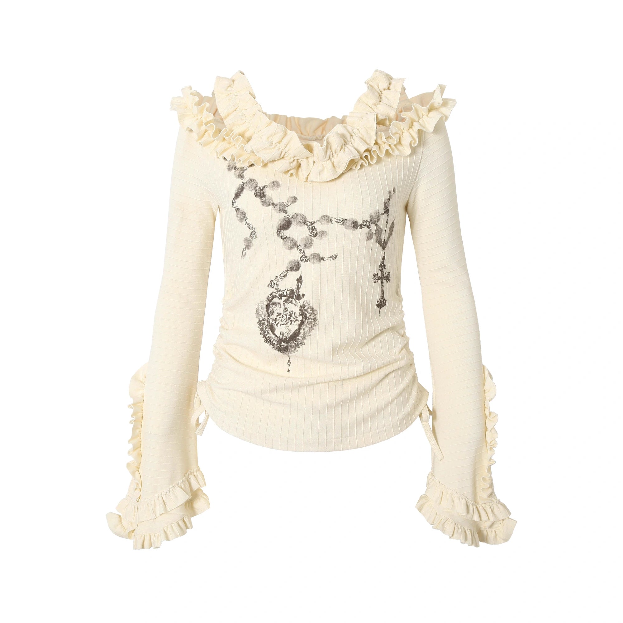 NO_ROMANCE_Stretchy_Knit_Off_Shoulder_Slim_Fit_Bell_Sleeve_Women_Casual_Heart_Print_Blouse_MISSTT