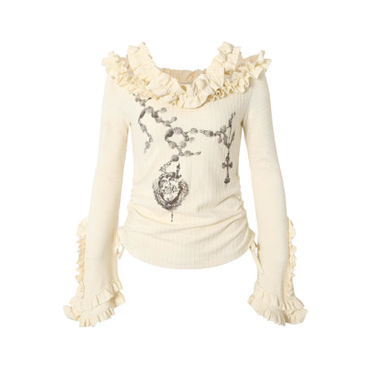 NO_ROMANCE_Stretchy_Knit_Off_Shoulder_Slim_Fit_Bell_Sleeve_Women_Casual_Heart_Print_Blouse_MISSTT