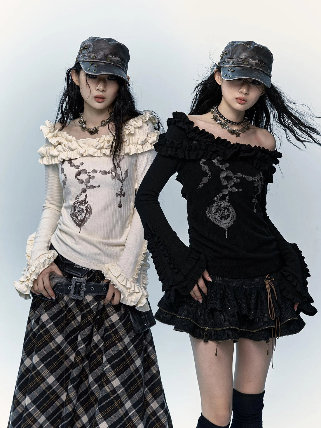 NO ROMANCE Stretchy Knit Off Shoulder Slim Fit Bell Sleeve Women Casual Heart Print Blouse