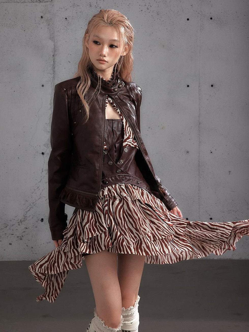 NO ROMANCE Studded Stand Collar Paneled Pu Women&