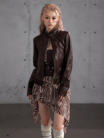 NO ROMANCE Studded Stand Collar Paneled Pu Women&