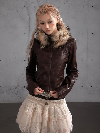 NO ROMANCE Studded Stand Collar Paneled Pu Women&
