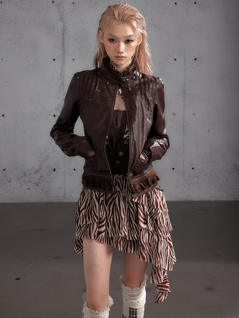 NO ROMANCE Studded Stand Collar Paneled Pu Women&