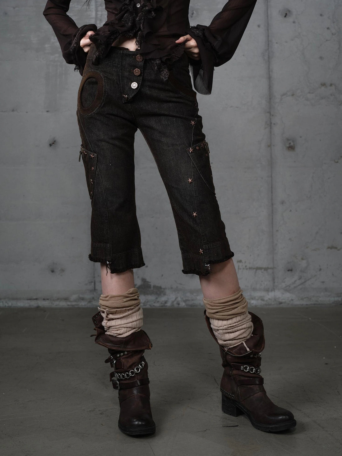 NO ROMANCE Studded Vintage Y2K Slim Fit Natural Waist Cotton Micro Stretch Women Pants