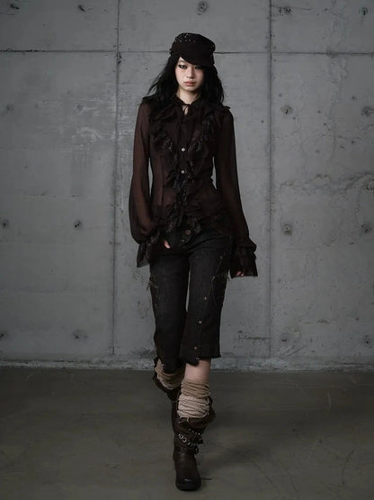 NO ROMANCE Studded Vintage Y2K Slim Fit Natural Waist Cotton Micro Stretch Women Pants