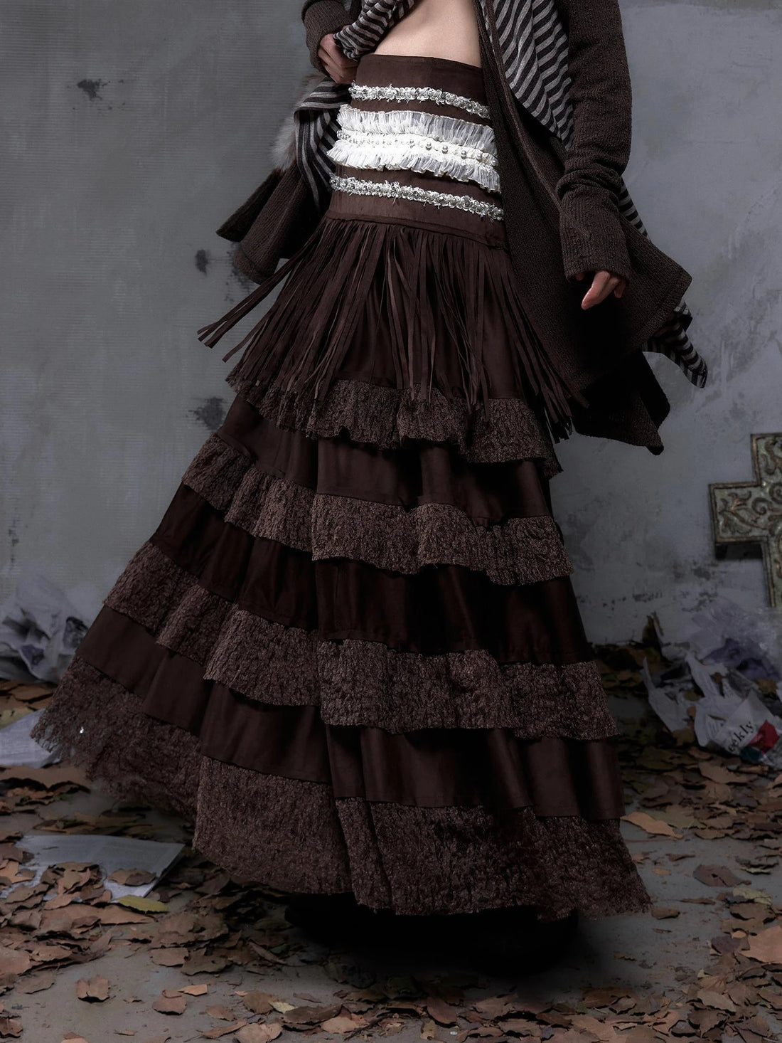 NO ROMANCE Tassel Fringe High Waist A Line Palace Style Women Brown Non Stretch Skirt