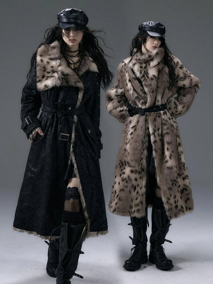 NO ROMANCE Thick Reversible Leopard Fur Patch Long Loose Punk Women Three Button Coat