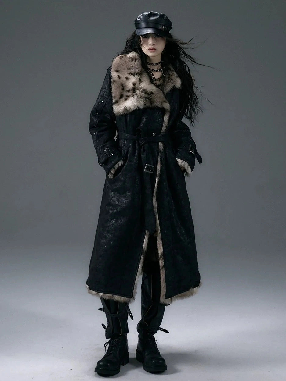 NO ROMANCE Thick Reversible Leopard Fur Patch Long Loose Punk Women Three Button Coat