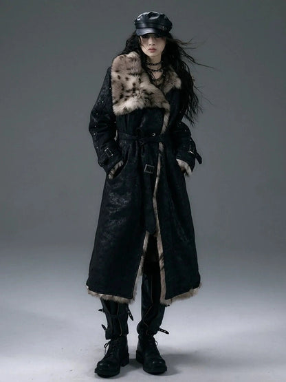 NO ROMANCE Thick Reversible Leopard Fur Patch Long Loose Punk Women Three Button Coat