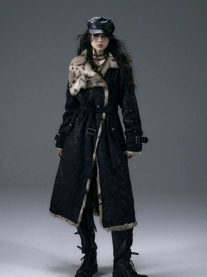 NO ROMANCE Thick Reversible Leopard Fur Patch Long Loose Punk Women Three Button Coat