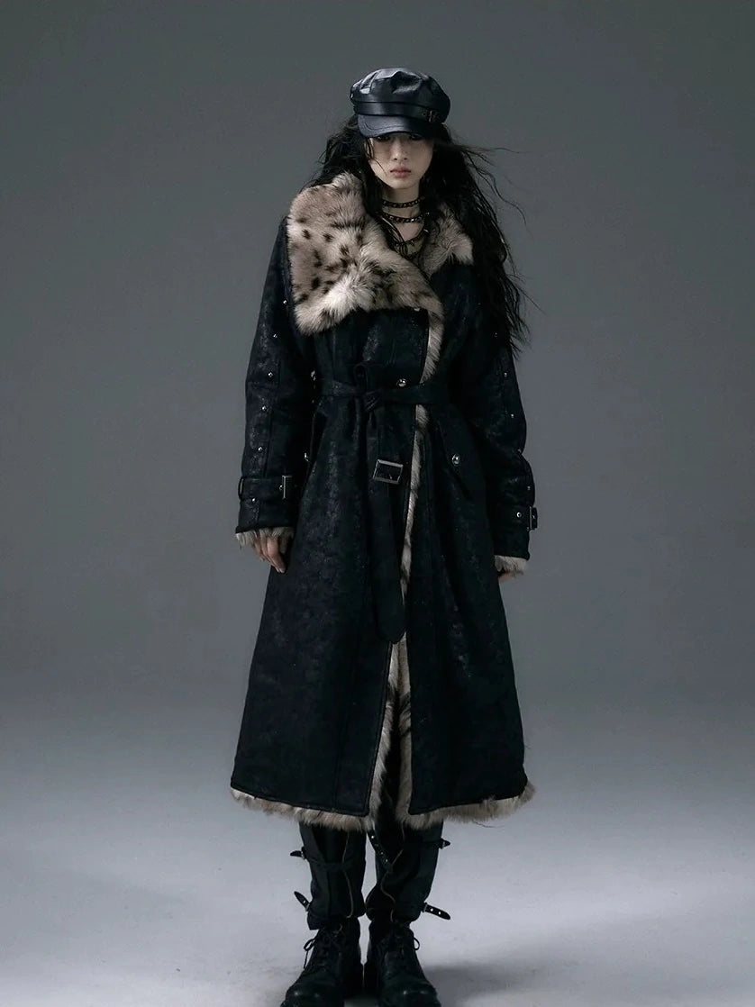 NO ROMANCE Thick Reversible Leopard Fur Patch Long Loose Punk Women Three Button Coat