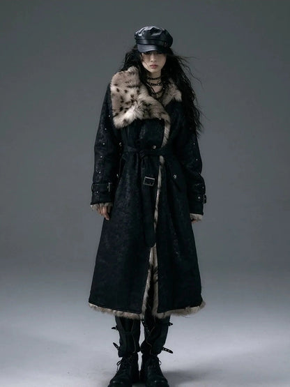 NO ROMANCE Thick Reversible Leopard Fur Patch Long Loose Punk Women Three Button Coat