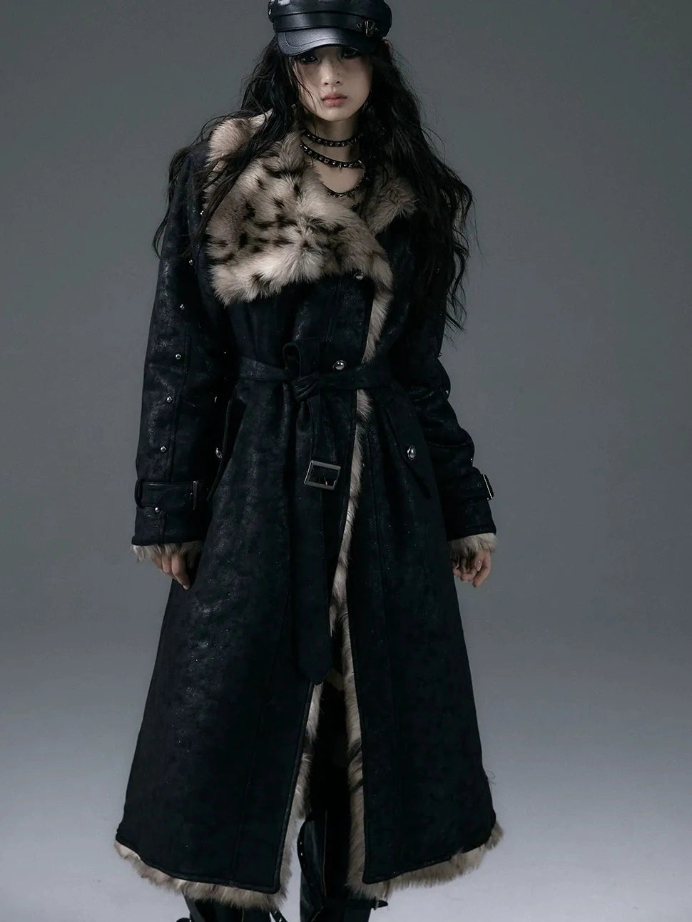 NO ROMANCE Thick Reversible Leopard Fur Patch Long Loose Punk Women Three Button Coat