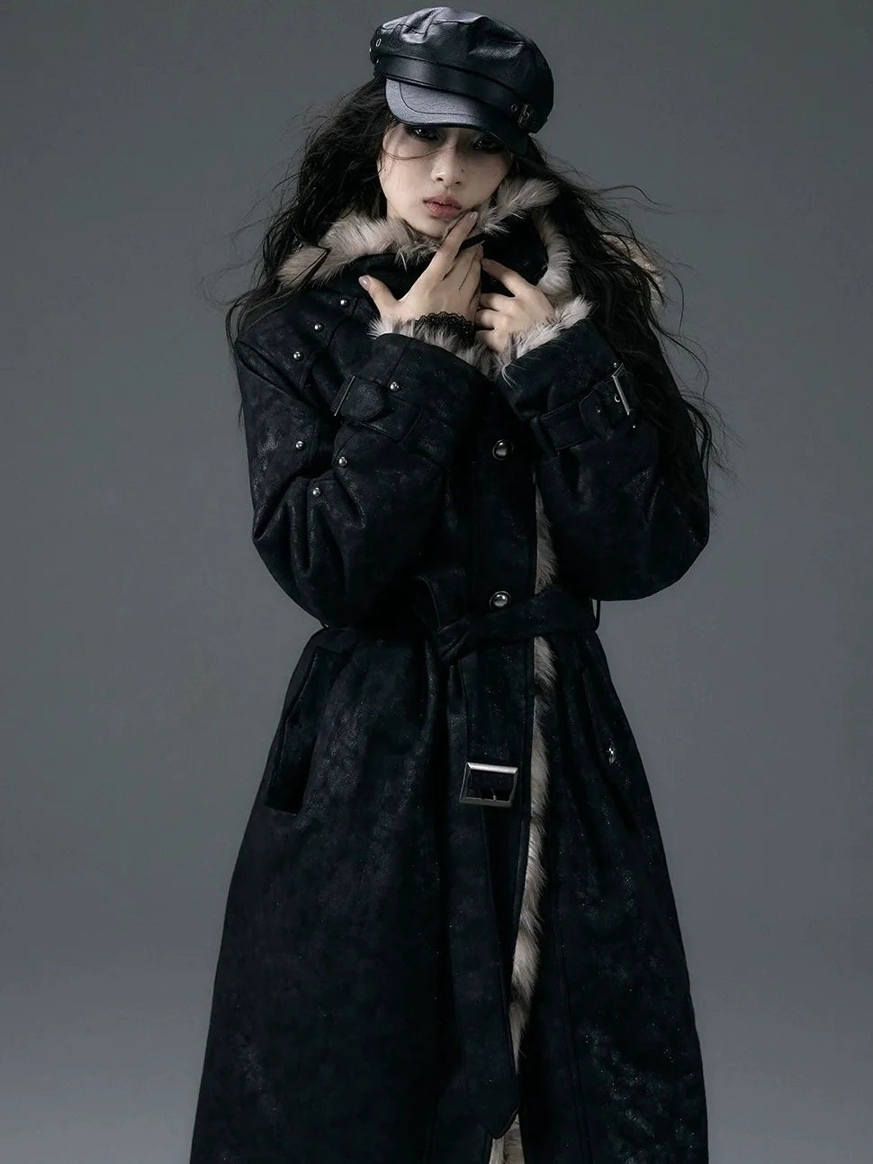 NO ROMANCE Thick Reversible Leopard Fur Patch Long Loose Punk Women Three Button Coat