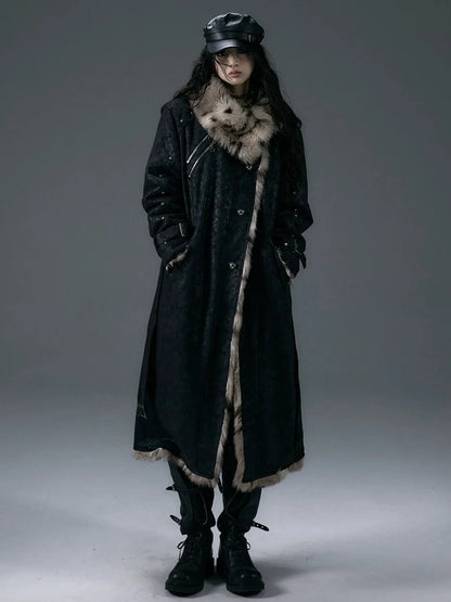 NO ROMANCE Thick Reversible Leopard Fur Patch Long Loose Punk Women Three Button Coat