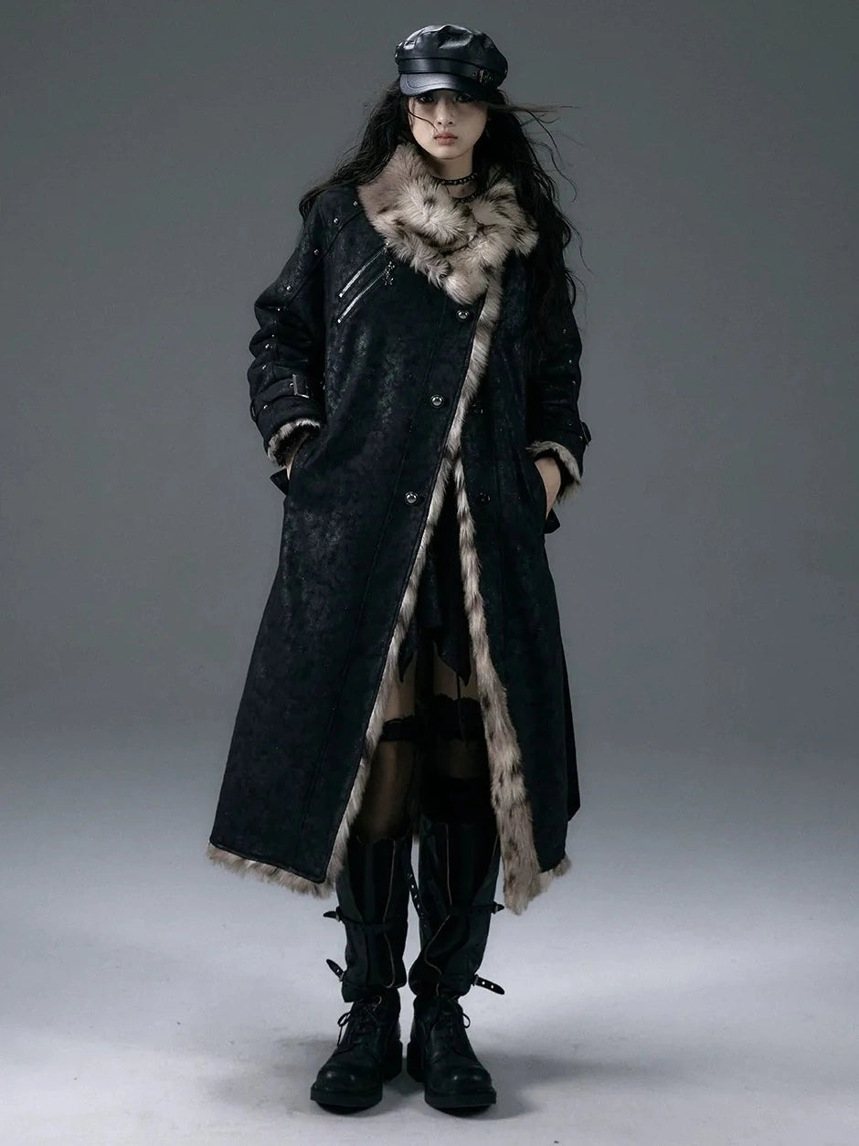 NO ROMANCE Thick Reversible Leopard Fur Patch Long Loose Punk Women Three Button Coat