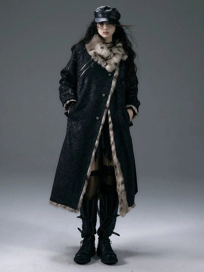 NO ROMANCE Thick Reversible Leopard Fur Patch Long Loose Punk Women Three Button Coat