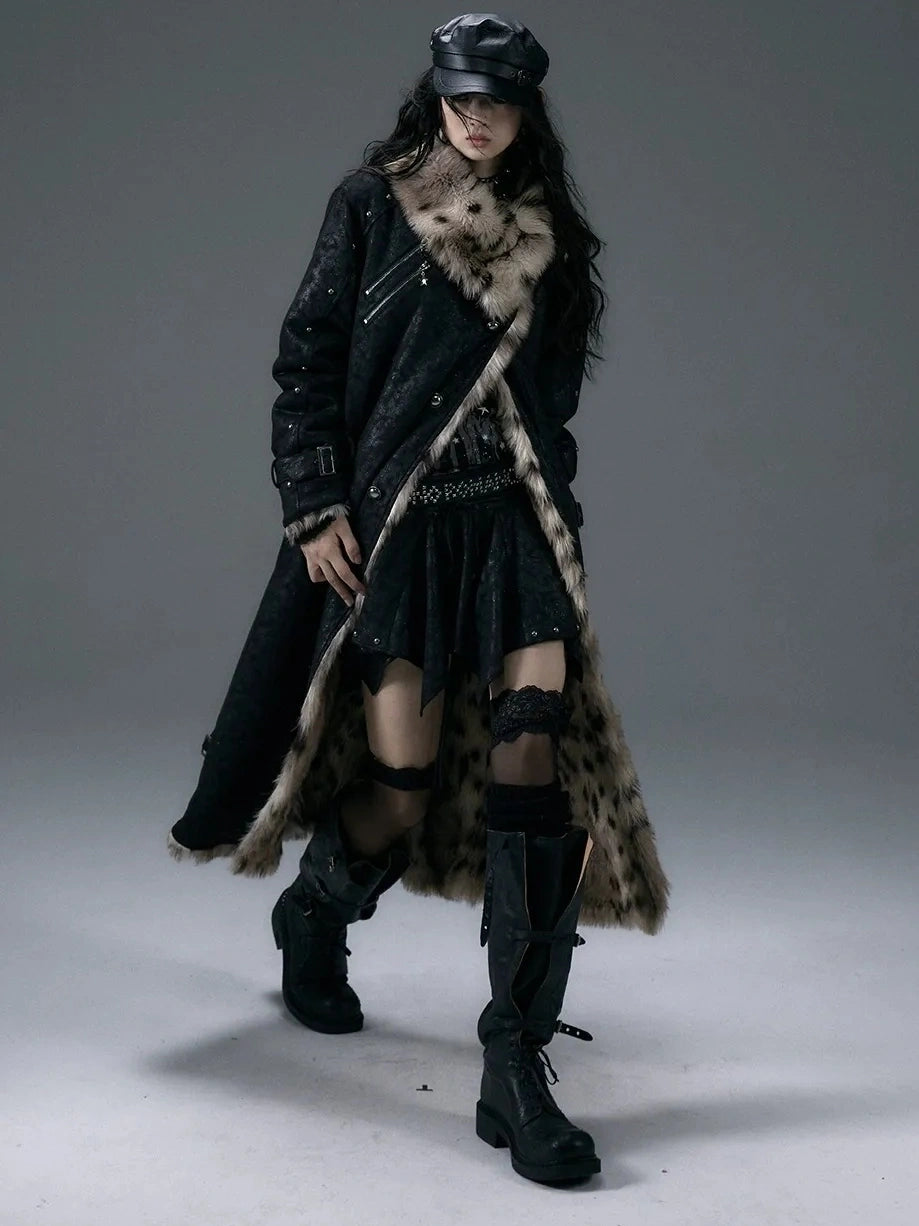 NO ROMANCE Thick Reversible Leopard Fur Patch Long Loose Punk Women Three Button Coat