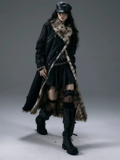 NO ROMANCE Thick Reversible Leopard Fur Patch Long Loose Punk Women Three Button Coat
