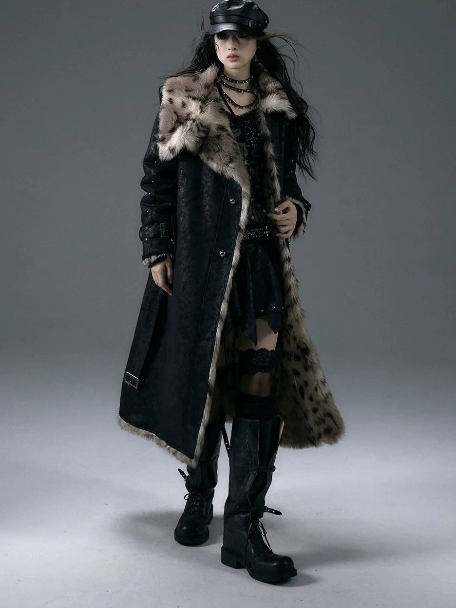 NO ROMANCE Thick Reversible Leopard Fur Patch Long Loose Punk Women Three Button Coat