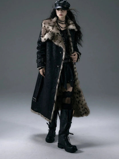 NO ROMANCE Thick Reversible Leopard Fur Patch Long Loose Punk Women Three Button Coat