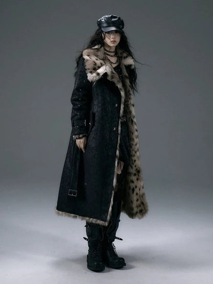 NO ROMANCE Thick Reversible Leopard Fur Patch Long Loose Punk Women Three Button Coat