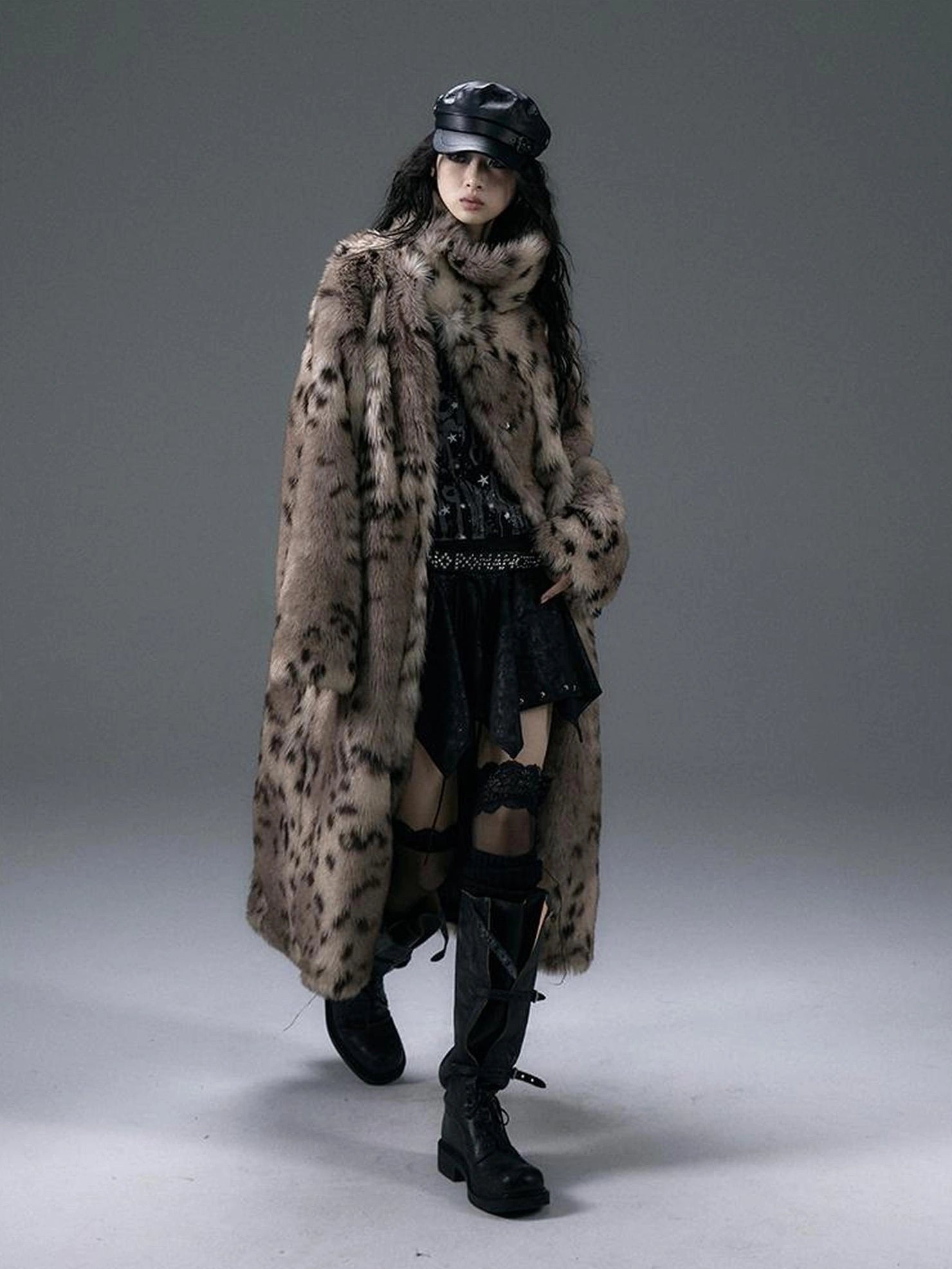 NO ROMANCE Thick Reversible Leopard Fur Patch Long Loose Punk Women Three Button Coat