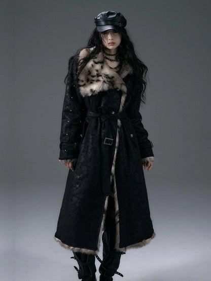NO ROMANCE Thick Reversible Leopard Fur Patch Long Loose Punk Women Three Button Coat