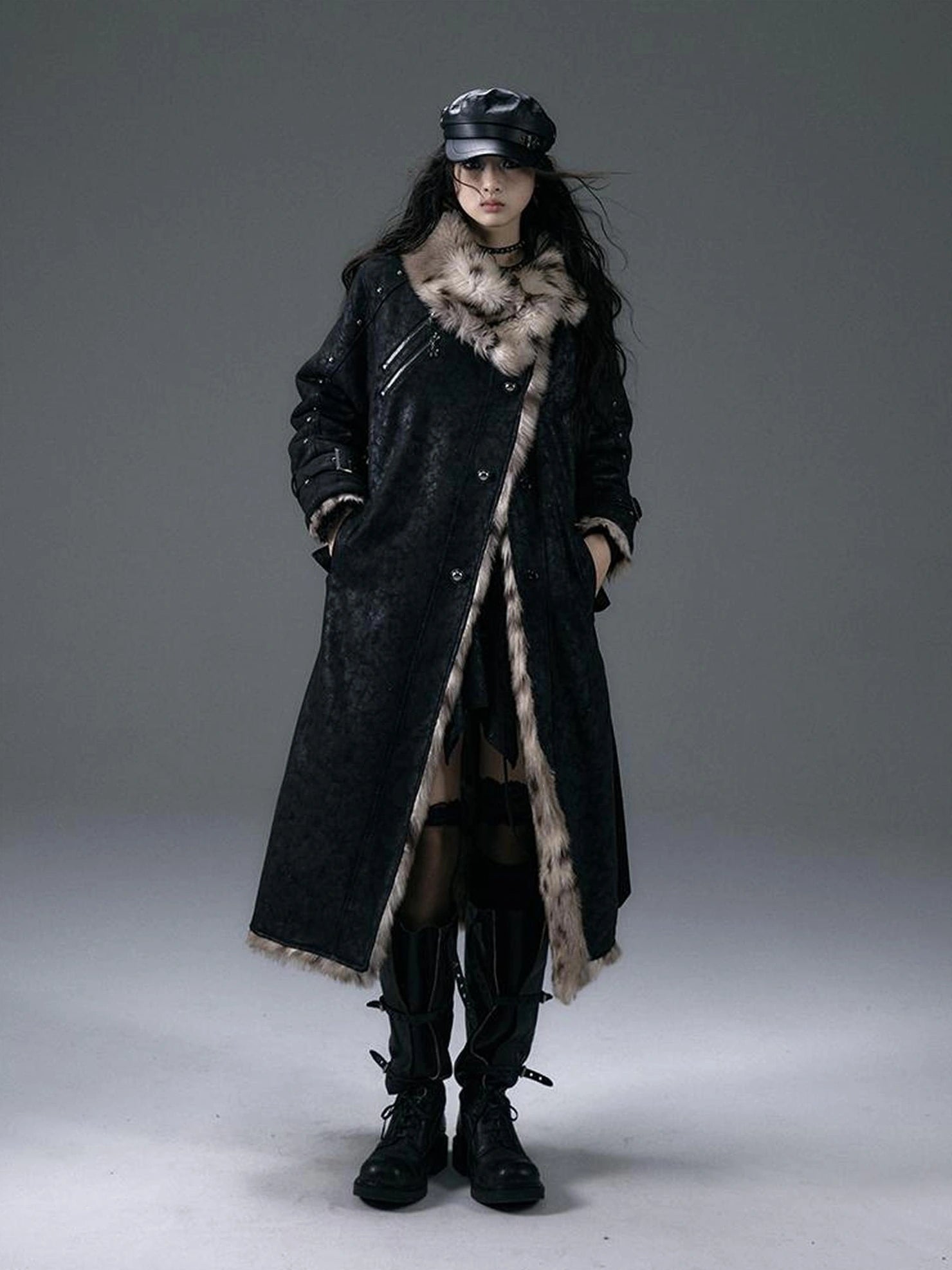 NO ROMANCE Thick Reversible Leopard Fur Patch Long Loose Punk Women Three Button Coat