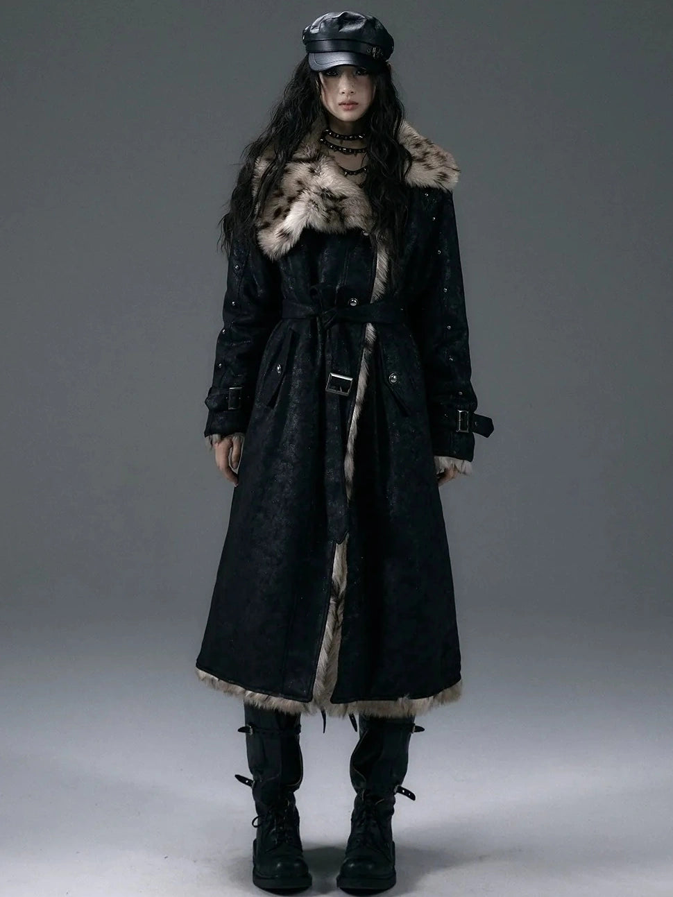 NO ROMANCE Thick Reversible Leopard Fur Patch Long Loose Punk Women Three Button Coat