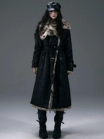 NO ROMANCE Thick Reversible Leopard Fur Patch Long Loose Punk Women Three Button Coat