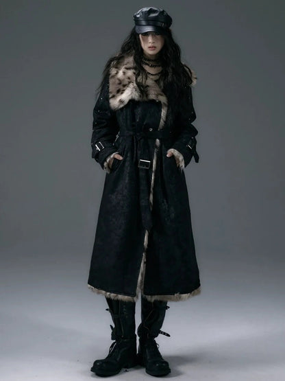 NO ROMANCE Thick Reversible Leopard Fur Patch Long Loose Punk Women Three Button Coat