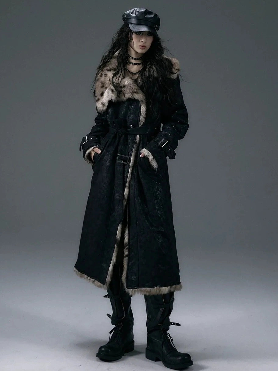 NO ROMANCE Thick Reversible Leopard Fur Patch Long Loose Punk Women Three Button Coat