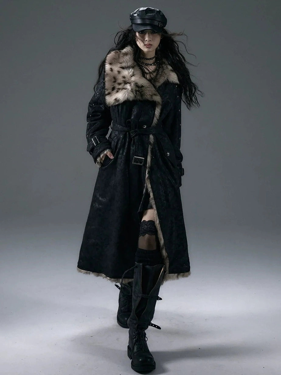 NO ROMANCE Thick Reversible Leopard Fur Patch Long Loose Punk Women Three Button Coat