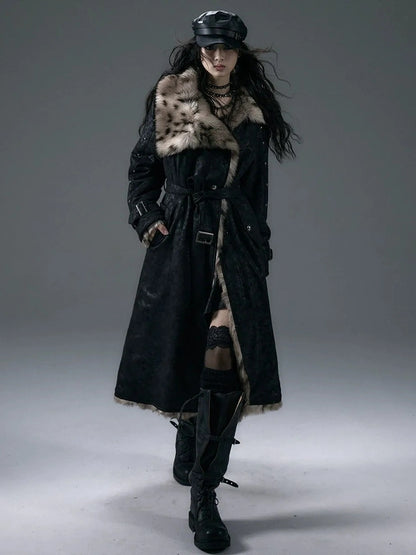 NO ROMANCE Thick Reversible Leopard Fur Patch Long Loose Punk Women Three Button Coat