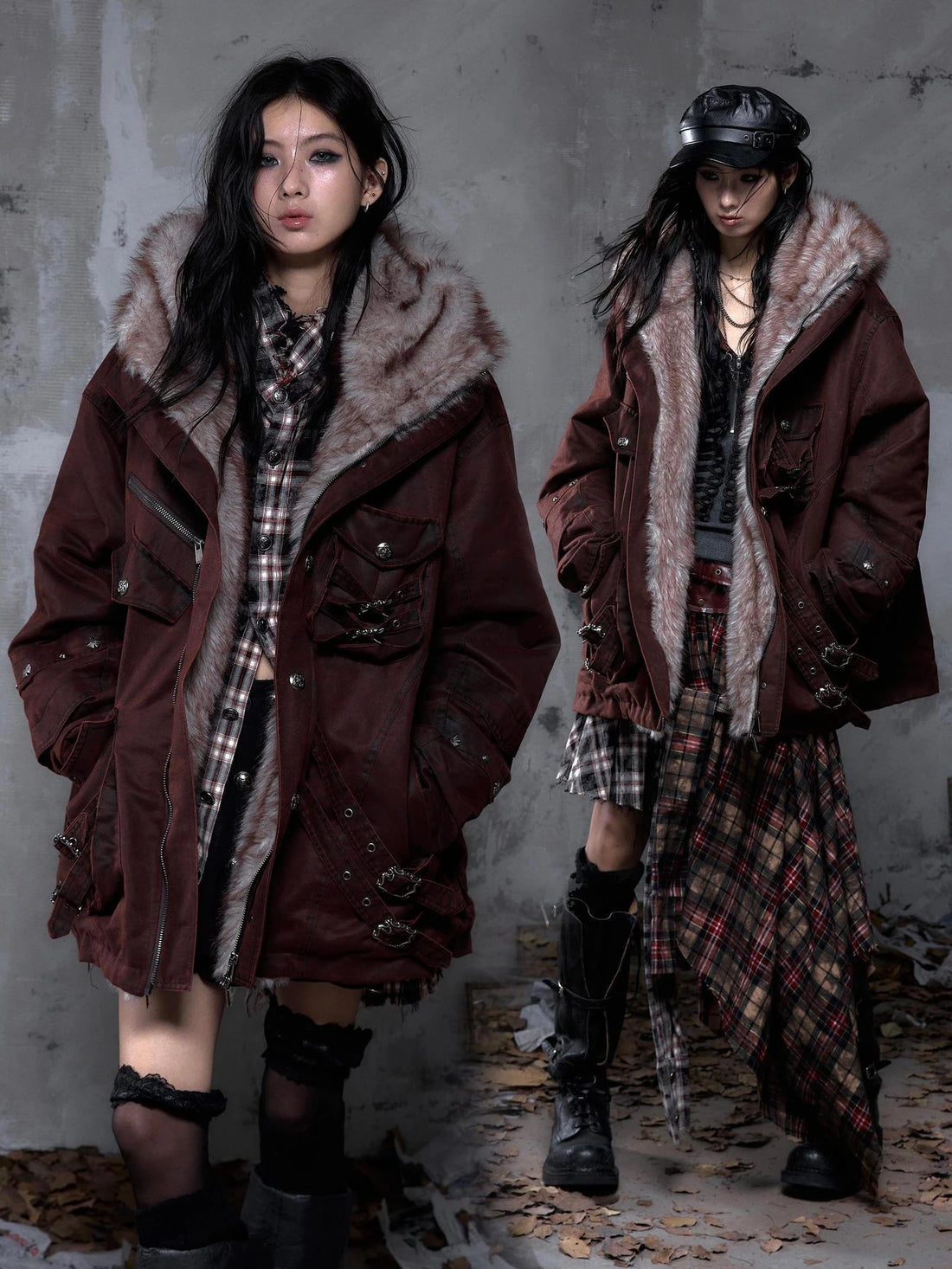 NO ROMANCE Thick Warm Hooded Punk Loose Fit Mid Length Faux Fur Patch Pockets Women Coat