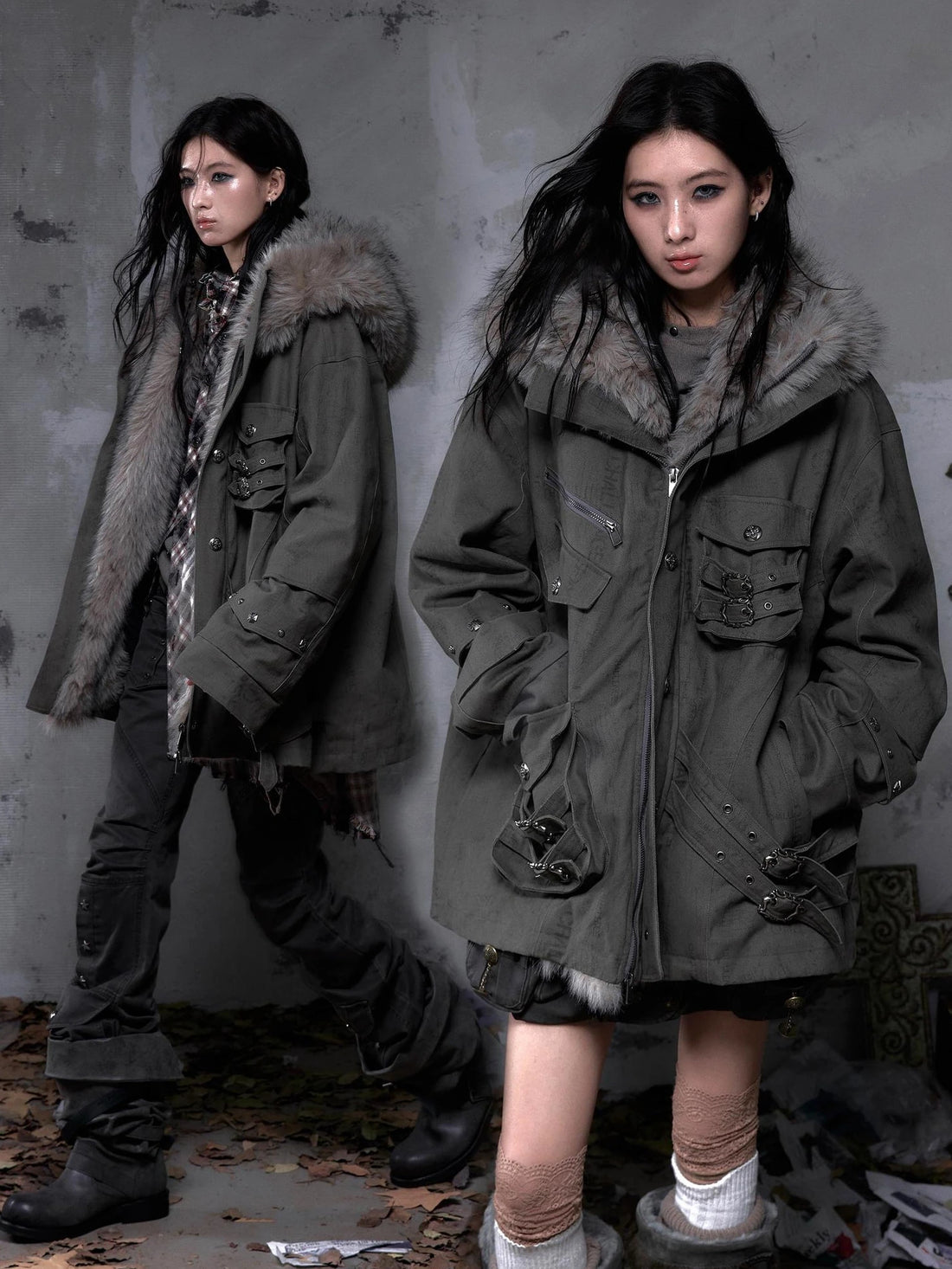 NO ROMANCE Thick Warm Hooded Punk Loose Fit Mid Length Faux Fur Patch Pockets Women Coat