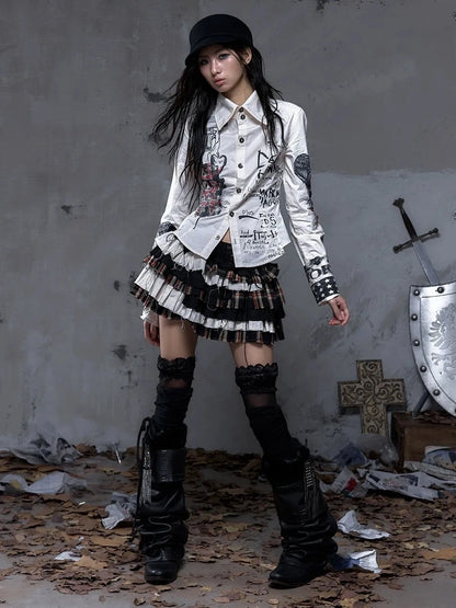 NO ROMANCE Tiered Ruffle Punk Low Rise Frayed Hem Loose Fit Women Citywalk Black Red Skirt