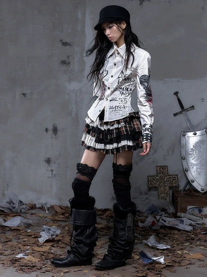 NO ROMANCE Tiered Ruffle Punk Low Rise Frayed Hem Loose Fit Women Citywalk Black Red Skirt